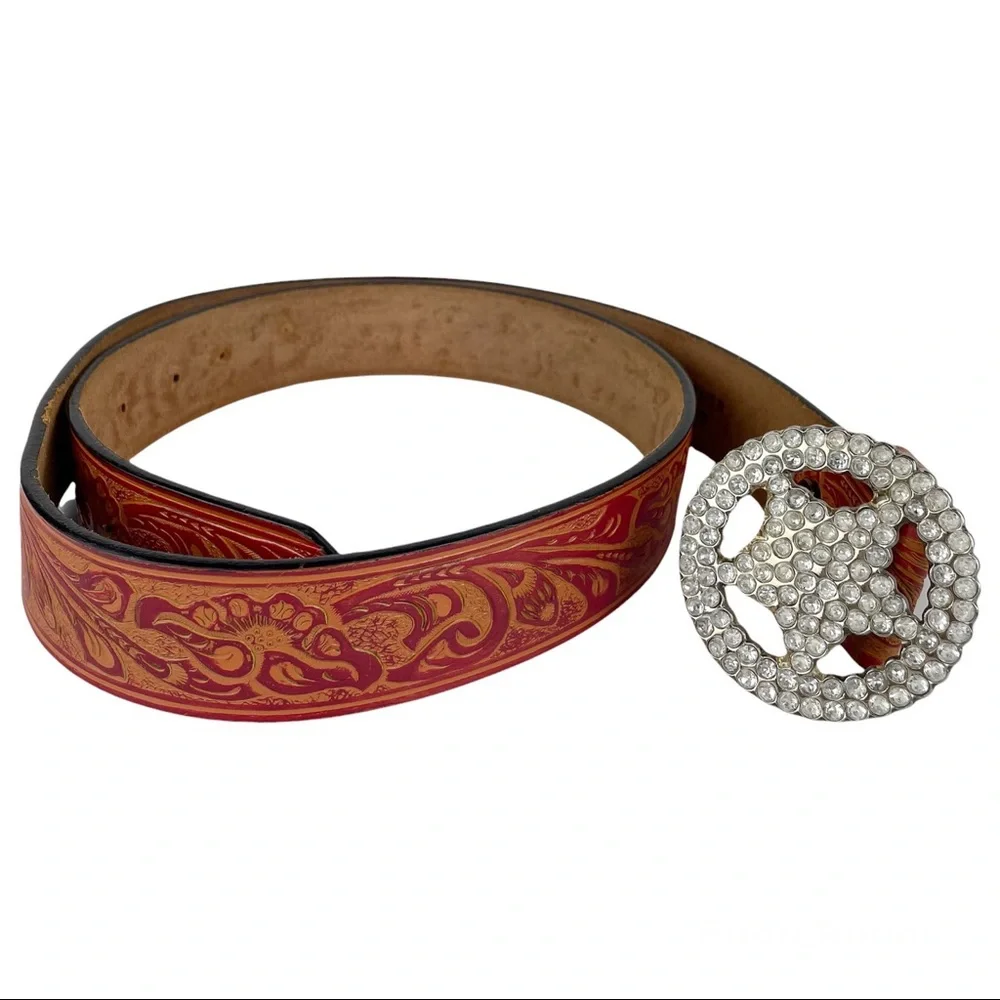 Western Embellished Star Bling Tooled Bonded Leather Belt Sz Large